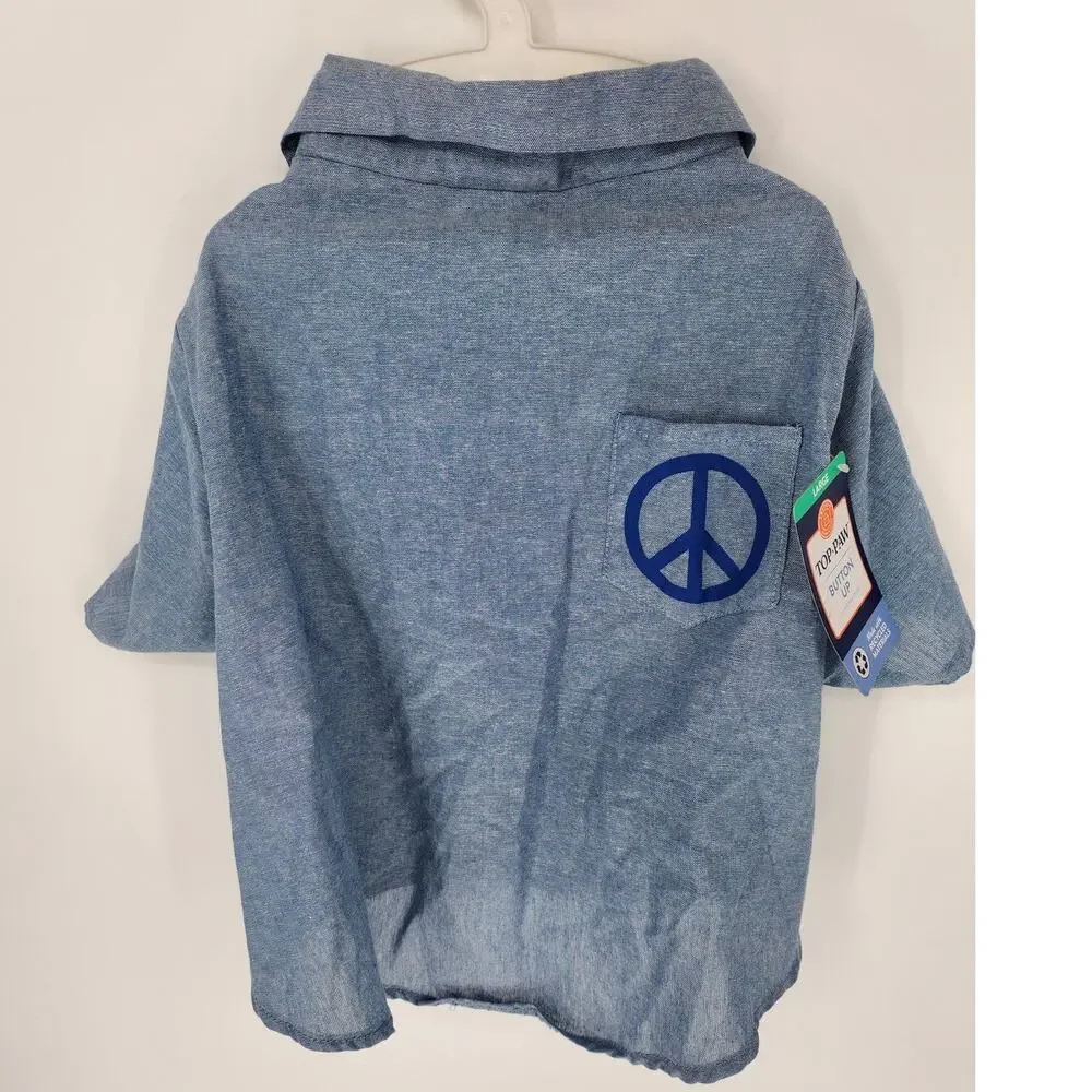 Top Paw Blue Button-Up Dog Shirt with Peace Sign – Size Large